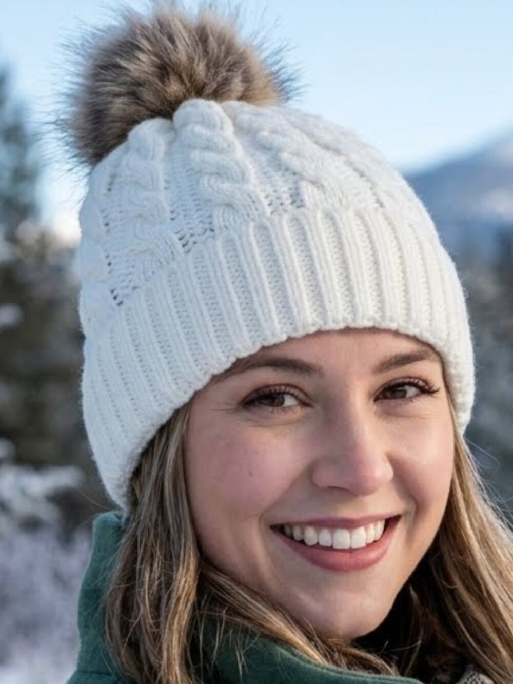 Beanie Cable Knit Hat With Pom-Pom One Size White Winter Skiing Warm Toque